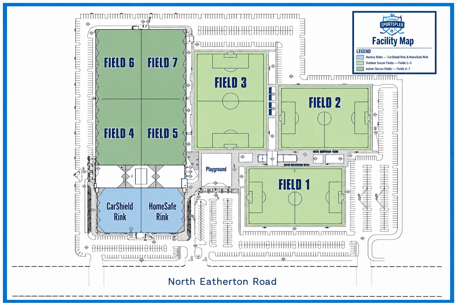 CarShield Sportsplex facility map: indoor soccer fields 4–7, outdoor soccer fields 1–3, the CarShield and HomeSafe hockey rinks, playground and surrounding parking